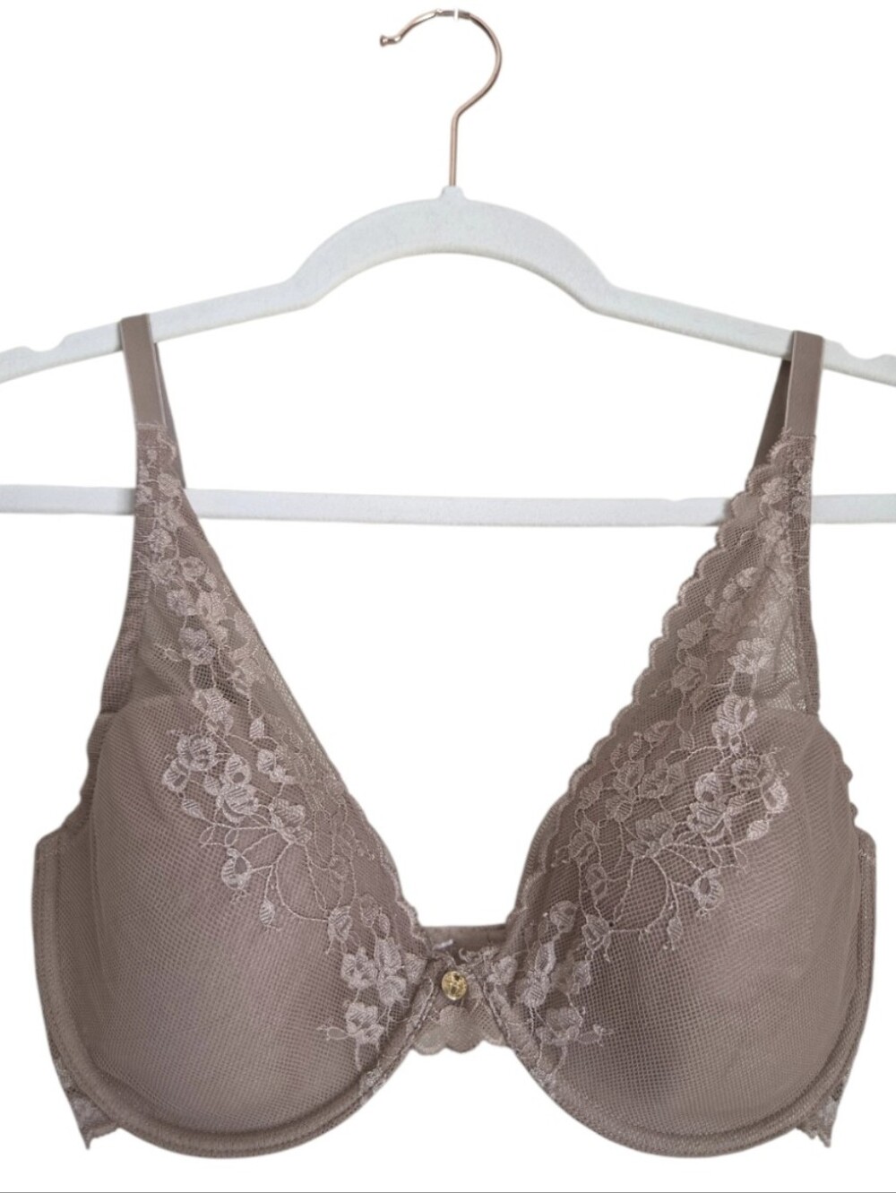 natori plunge underwire bra taupe cafe beige floral lace mesh t-shirt 32ddd 32f